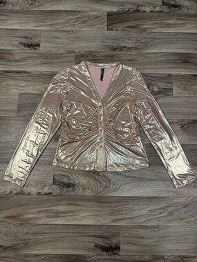 Anthropologie The Nika Shine Buttondown Shirt in Silver Pink Size Large